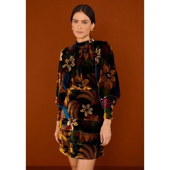 FARM Rio Dresses & Skirts - FARM Rio Macaw Ballet Velvet Mini Dress S Long Sleeve Party Floral High Neck